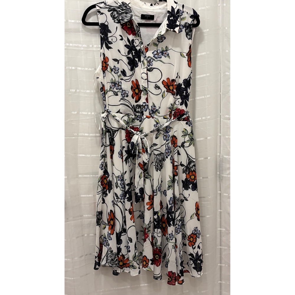 Tahari Women White Floral Sleeveless Midi Belted Shirt Dress Collared Red Orange